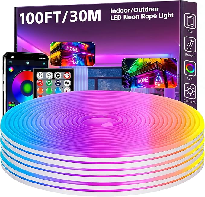 100FT RGB LED Neon Rope Lights, App & Remote Control, Flexible Waterproof IP65 Led Strip Lights, Music Sync Color Changing Multiple Modes Neon Lights for Bedroom Gaming Room Indoor & Outdoor Decor