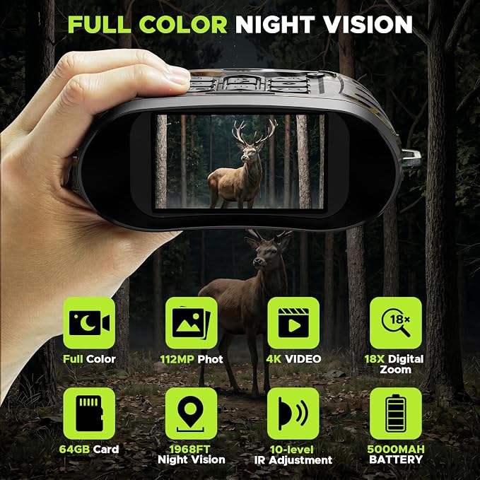 Night Vision Goggles 4K 112MP, 18X Zoom Infrared Binoculars with 5000mAh Long Battery Life, 1968ft Range, 64GB Card Included, Full Color Night Vision for Hunting Camping Security Surveillance