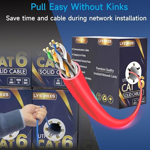 Cat6 Ethernet Cable 1000FT Channel Test Pass, Cat6 1000ft Ethernet Cable 23AWG Solid CCA, Cat6 Cable 550MHZ 10G with Easy Pull Box Red