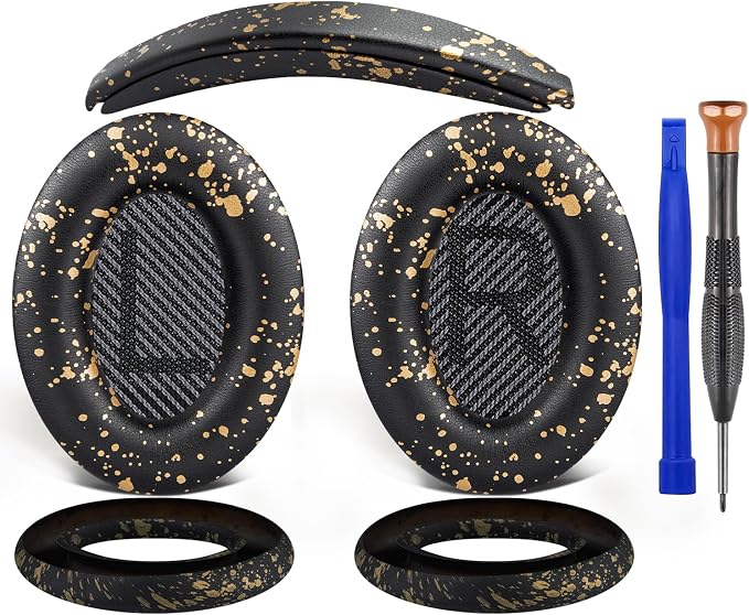 SOULWIT Replacement Kit for Bose QuietComfort QC35/QC35 ii Over-Ear Headphones, Ear Pads Cushions + Headband + Silicone Earpads Cover Protector - Black Gold