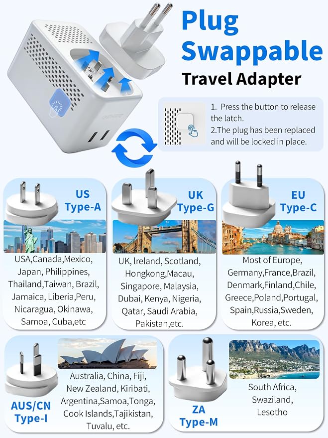 220v to 110v Converter Travel Voltage Converter European Plug Adapter Travel Power Adapter Canada to Europe with 2 USB A 2 USB C & UK US EU AU South Africa for Hair Dryer (White)