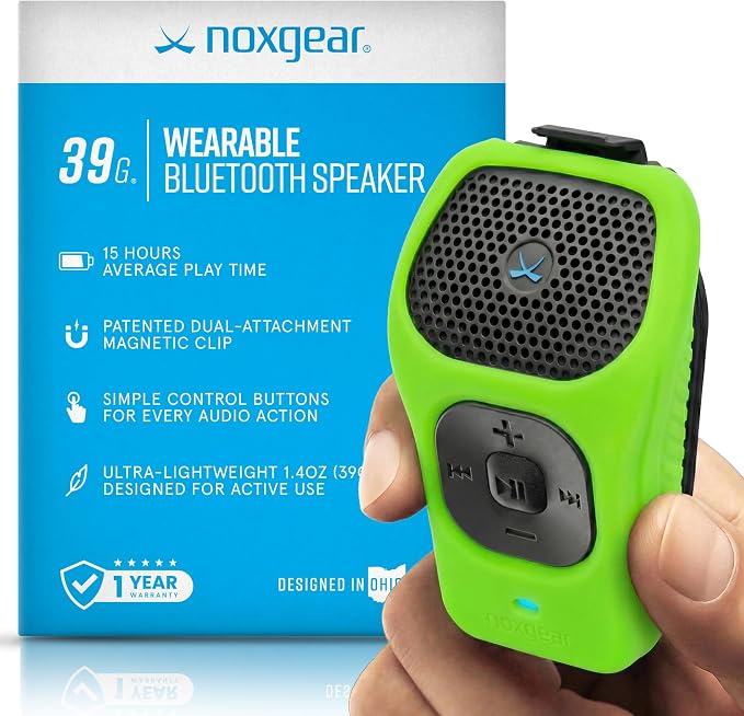 noxgear 39g Wearable Bluetooth Speaker, Magnetic Mini Clip-On EDC Gear, Waterproof Up to 15 Hours Playtime | Clip On Speaker, Wearable Speaker with Microphone, 100ft Range (Color: Bright Green)