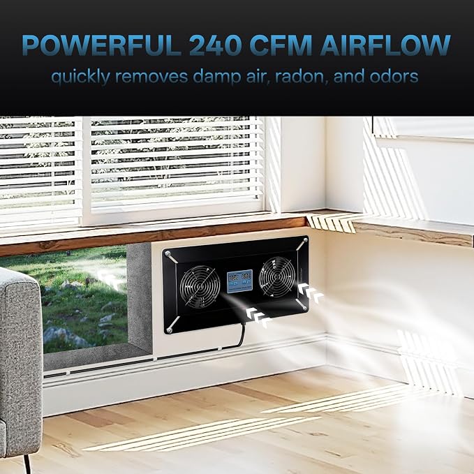 240 CFM Crawlspace Vent Fan, With Thermostat,Humidistat, Crawlspace Fans, For Moisture Reduction, Radon Mitigation, Freeze Protection, Ideal for Basement, Attic, Crawl Space Fan Vent(Black)