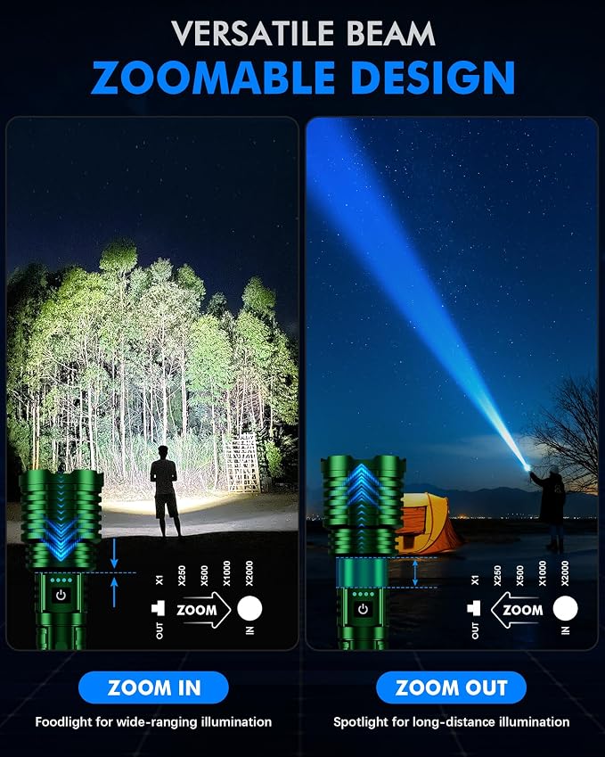 Super Bright Rechargeable LED Flashlights 2500,000 High Lumen, Flashlight Up to 25H Long Battery Life| Zoomable| 5Light Modes| IP67 Water Resistant, Tactical Flashlight for Camping (Green)