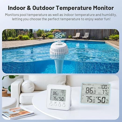 Wireless Pool Thermometer Floating with Indoor Receiver, IP67 Waterproof Digital Water Temperature Sensor with Backlight Screen, 260ft Range Remote Monitor for Pool, Hot Tub, Spa, and Indoor Humidity