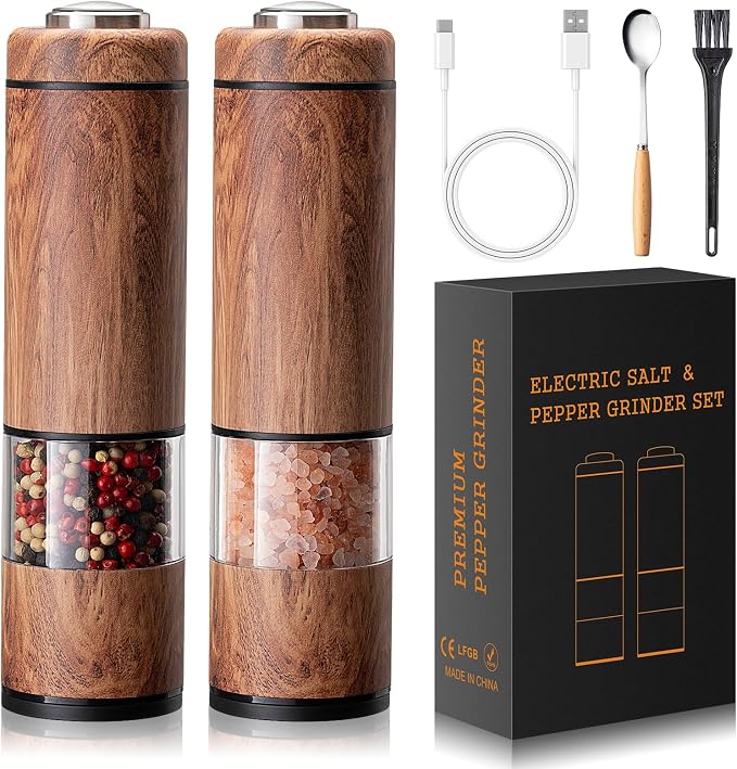 Electric Salt and Pepper Grinder Set Rechargeable – Automatic Salt and Pepper Shakers with Adjustable Coarseness, LED Light, One-Hand Operation Salt and Pepper Shakers Set (Wood Grain)