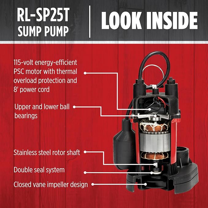 Red Lion RL-SP25T 115-Volt, 1/4 HP, 3088 GPH Aluminum and Thermoplastic Sump Pump with Tethered Switch and 8-Ft. Cord, Red, 14942739