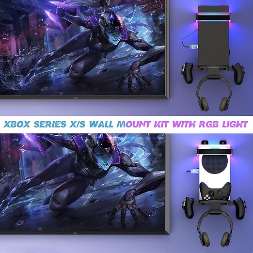 Wall Mount for Xbox Series X/S-Wall Mount Kit with 2 Controller Holder &1 Headset Stand & RGB Light, Xbox series X/S Wall Mounted Bracket Shelf Stand- Safely Organize Your Xbox X/S Series Accessories