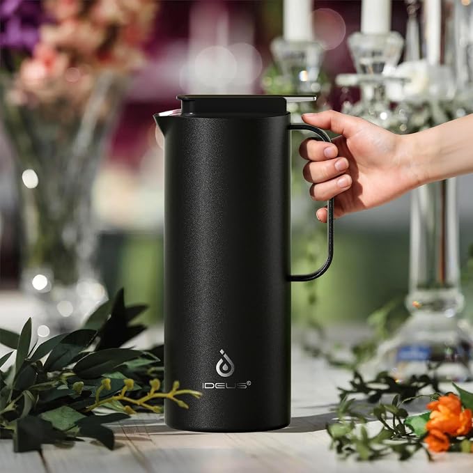 IDEUS Thermal Coffee Carafe 50oz (1,400ml), Stainless Steel Double Wall Insulated Vacuum Flask, Water Jug Coffee Server and Beverage Dispenser, Heat and Cold Retention, Black
