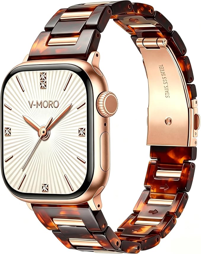 V-MORO Resin Band Compatible with Apple Watch 42/44/45/46/49mm,Fashion Lightweight Bracelet with Polished Rose Gold Stainless Steel Inlay for iWatch Series 11/10/9/8/7/6/5/4/3/2/1/SE,Tortoise Shell