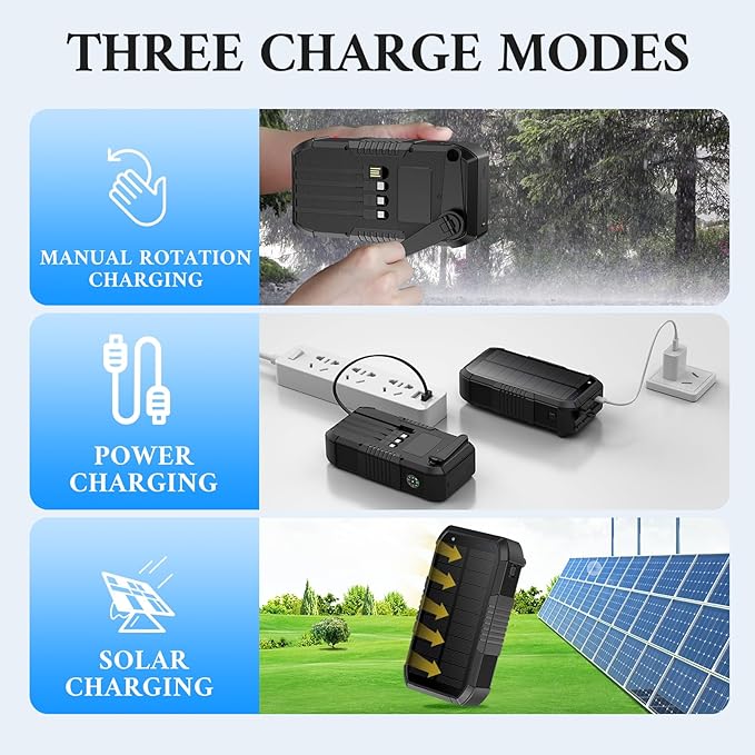 Solar Power Bank, 66800mAh, Hand Crank, 22.5W USB-C Fast Charging, 6 Outputs & 4 Inputs, SOS/Strobe/Compass, for Camping/Hiking/Trips (Black)