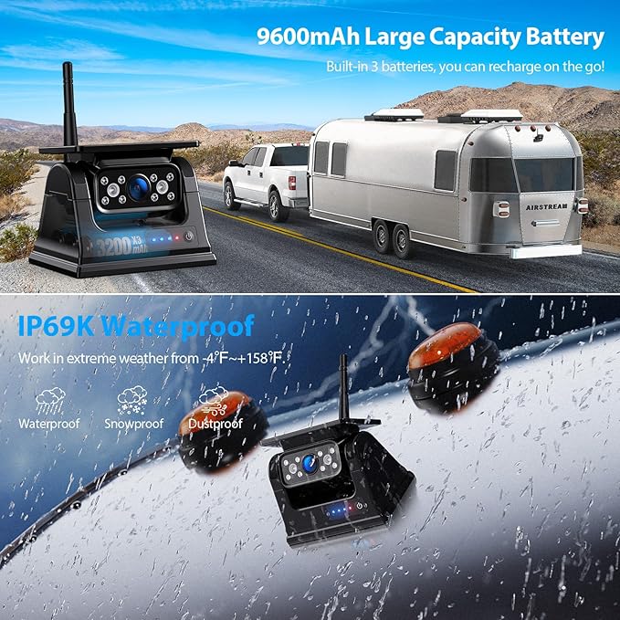 ZEROXCLUB 4 Magnetic Solar Wireless Backup Camera HD1080P DVR 10.1" Touchscreen Monitor, Quad RV Rearview Backup Cameras Wireless System for RV Trailer Tractor, Built-in 9600mAh Solar Battery, BL104