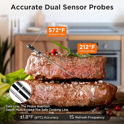 Newise Bluetooth Meat Thermometer with Smart APP, 800FT Wireless Range & LCD Base, Rechargeable Probe, Digital Food Thermometer for BBQ, Perfect Father Day Gifts