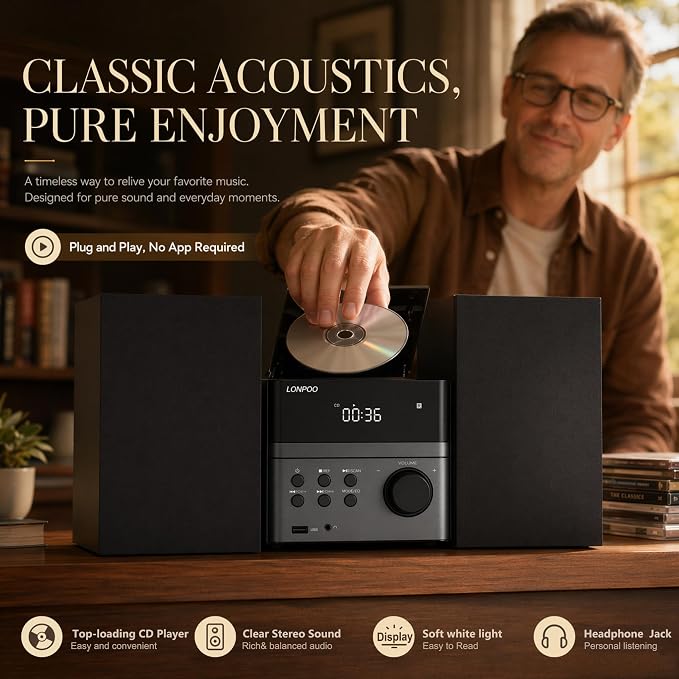 Home CD Stereo Shelf System, 30W Micro HiFi System (with CD Player, FM Radio, Bluetooth 5.3, USB Playback, AUX-in, Headphone Jack, Remote Control, DSP-Tech