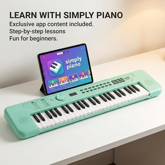 RockJam 49 Key Keyboard Piano, Portable Electronic Music Keyboard with Speakers, USB-C Power or Battery Operation, Headphone Input, 200 Tones, 200 Rhythms, Note Stickers & Lessons