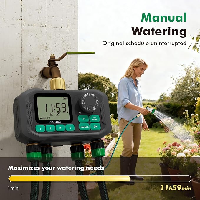 RESTMO Remote Control Brass Sprinkler Timer for Outdoor Hose Faucet 4 Zone, Max 11h59m Programmable Water Timer for Soaker Hose, Misting with Large Dial, Rain Delay/Manual/Automatic Irrigation System