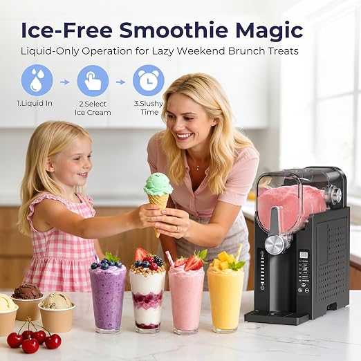 Slushie Machine, No Ice Needed Slushy Maker for Home, Real-Time Temp Display, Frozen Drink Maker with 6 Preset Programs for Ice Cream, Frappés, Milk Shake and More, Black, 1 Pack+3Modes