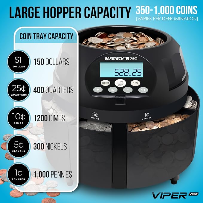 Safetech Coin Counter, Sorter, and Wrapper, Sorts 600 US Coins Per Minute (V790)