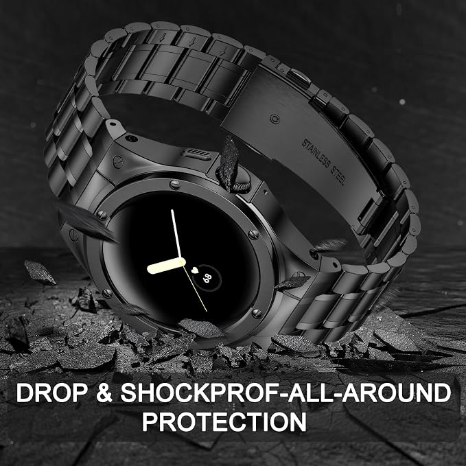 SUPLINK Stainless Steel Case and Band Compatible with Google Pixel Watch Bands, Metal Rugged Protector Cover Adjustable Bands for Pixel Watch Men, Black(Only for Pixel Watch 1 2022)