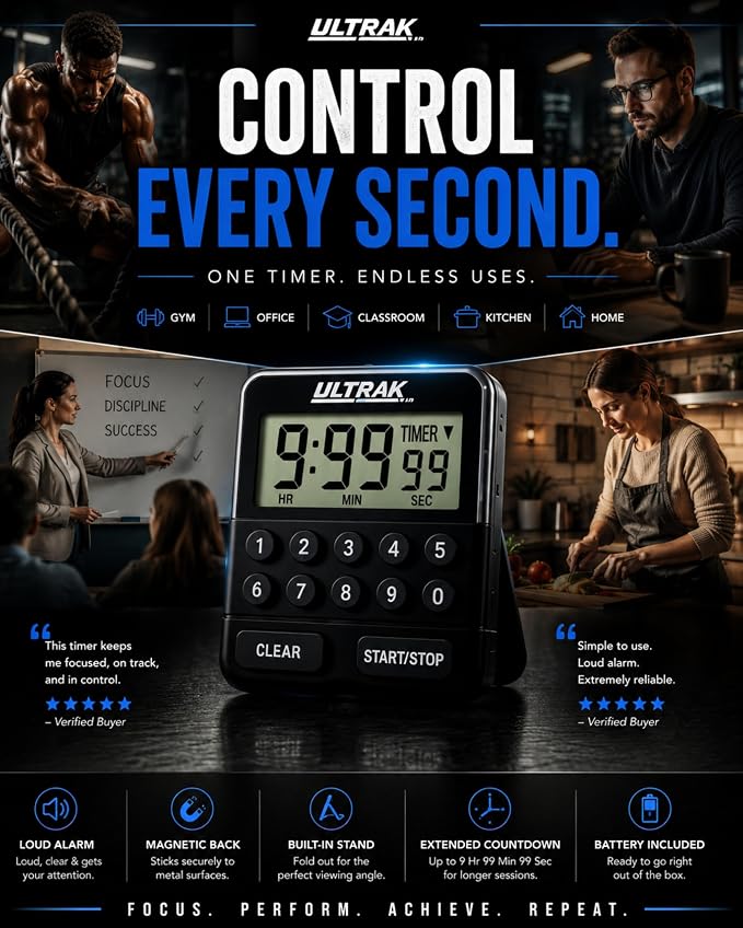 ULTRAK T-3 Digital Countdown Timer with Keypad – Count Up & Count Down Timer, Loud Alarm, Large Display, Magnetic Back, Ideal for Classroom, Fitness, Cooking & Study