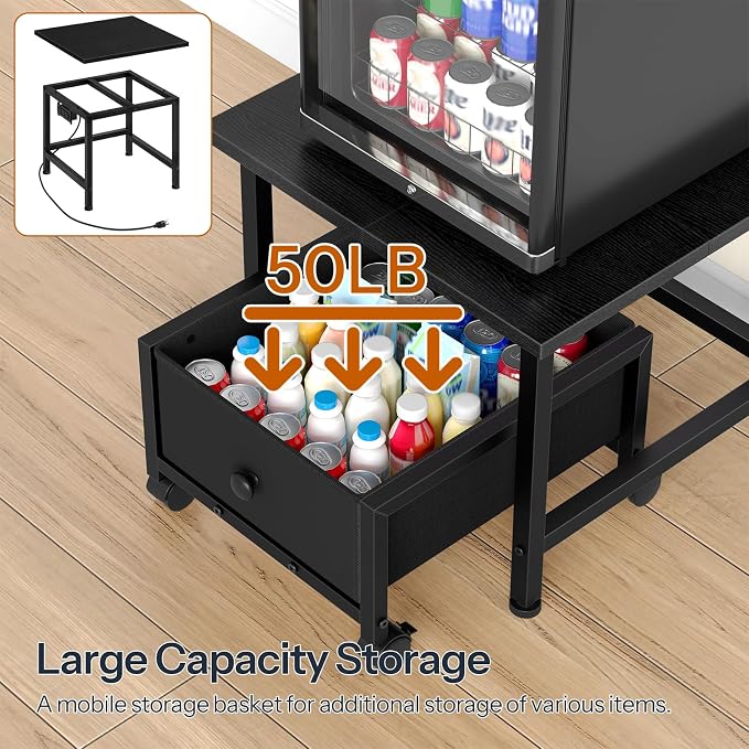 HOOBRO Mini Fridge Stand with Non-Woven Storage Basket and Power Outlet, Mini Fridge Cabinet with Wheels and Adjustable Feet, Mobile Fridge Shelf, for Home, Apartment, Dorm, Black BB355UBX01