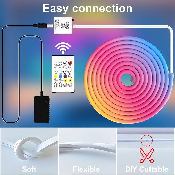 Cozylady RGB Neon Light LED Rope Light,Waterproof Bluetooth APP Remote Control Music Sync Strip Light,24V Flexible DIY Silicone Light for Bedroom Home Indoor Outdoor Decoration