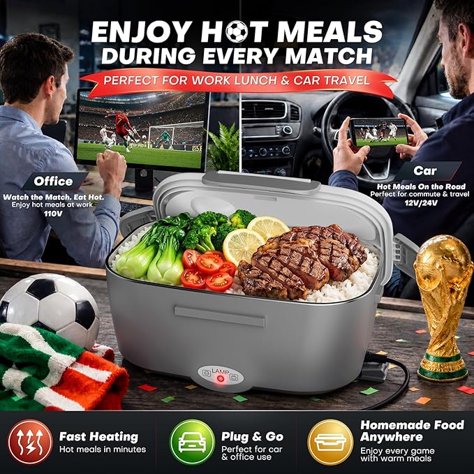 Sitlais Electric Lunch Box for Adults - Fast Heating Portable Food Warmer with 2 of 53oz 304 Stainless Steel Containers 12V/24V/110V Heated Lunch Box for Men&Women Work Office Truck Travel lonchera
