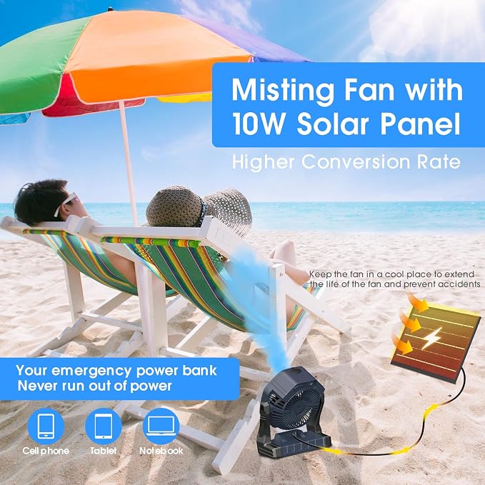 Ausic 10W Misting Solar Fan, 250ml Portable Outdoor Fans with Solar Panel, 8 Inch Battery Operated Rechargeable Cooling Fans with Hook, Camping Water Spray Fan for Travel/Beach/Patios/Chicken Coop