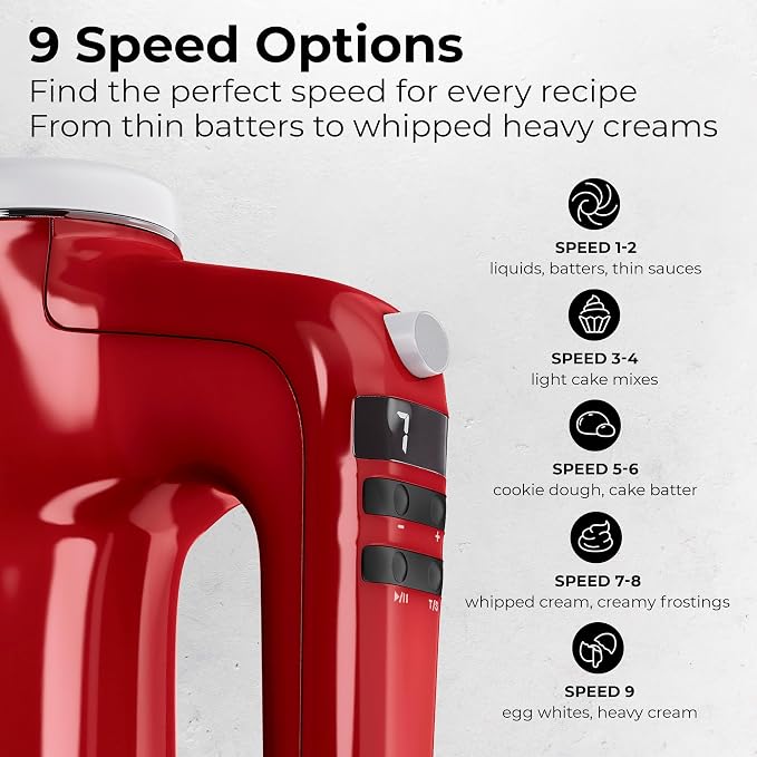 Electric Hand Mixer 350W, 9 Speed Handheld Mixer with Timer, Beaters, Whisks & Dough Hooks, Storage Case, Kitchen Mixer for Baking, Eggs, Cream, Cookie Dough & Frosting, Red