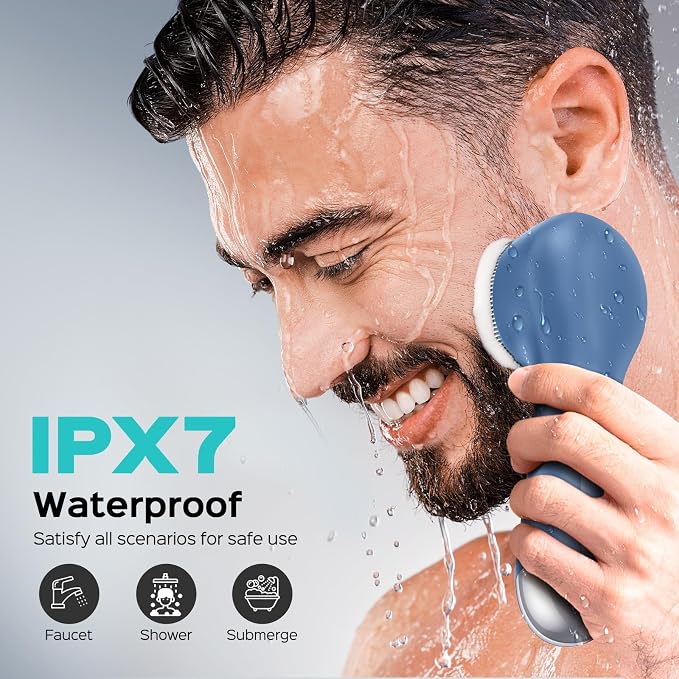 COSLUS FBS03 Face Scrubber Facial Cleansing Brush: 2 in 1 Spin and Vibration Patented, Silicone Electric Exfoliator Scrubber with Automatic Foaming, Waterproof Face Cleanser Brush (Navy Blue)
