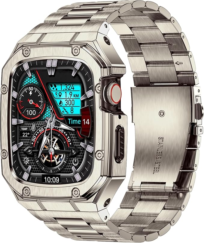 BAITEYOU Stainless Steel Band with Case Compatible with Apple Watch Series SE 3 2 1/6 5 4 (44mm), Series 3 2 1 (42mm), Metal Protective Bumper Rugged Cover for iWatch Bands Men (Titanium Color)
