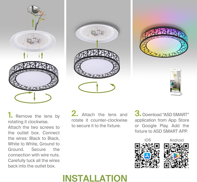 ASD 16 Inch Smart RGBW Flush Mount Ceiling Light with Remote - Matte Black 28W 120V 2700-6500K Dimmable Ceiling Light Fixture, WiFi App Control RGB Lights, Alexa & Google Assistant - ETL