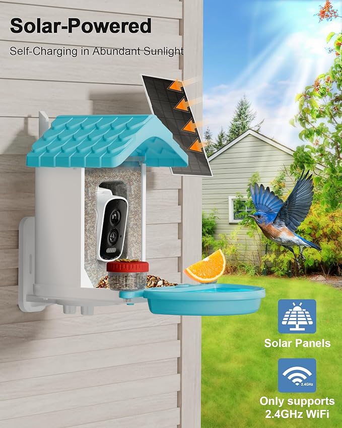 VISIOGEAR 2-in-1 Smart Wild Bird Feeder & Bath with 4K HD Camera, AI Identification Solar Bird Feeder Watching Camera Night Vision for Outdoor Birds Watching Gifts for Birdlover, Blue