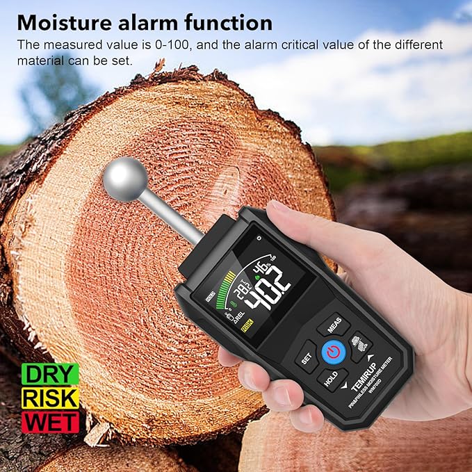 2-in-1 Pin & Pinless Moisture Meter, Digital Moisture Detector for Wood, Drywall & Building Materials, Large Color LCD Display, Acoustic Alarm, Calibration, Detects up to 20-40 mm Below Surface