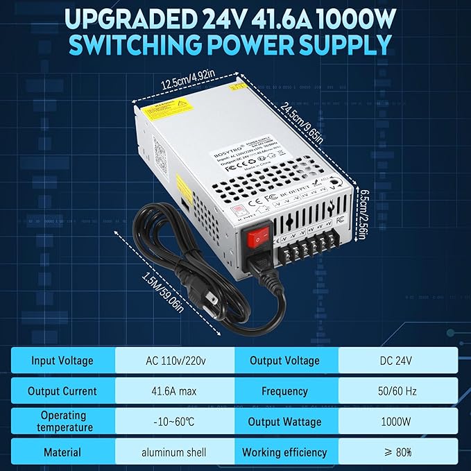 Upgrade 24V 41.6A 1000W DC Switching Power Supply, Universal Transformers PSU AC110V/220V (SMPS), Upgraded Output Port with Power Cord, 24 Volt Power Supply for 3D Printer, CCTV, DC Motor