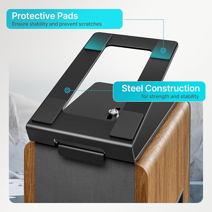 PEGZONE Desk Speaker Stands for Most Bookshelf Speakers, 22 lbs Capacity, Speaker Riser with Anti-Vibration Pads，16°Tilt Angle, Space-Saving Audio Stands for PC Speakers,1 Pair, Black