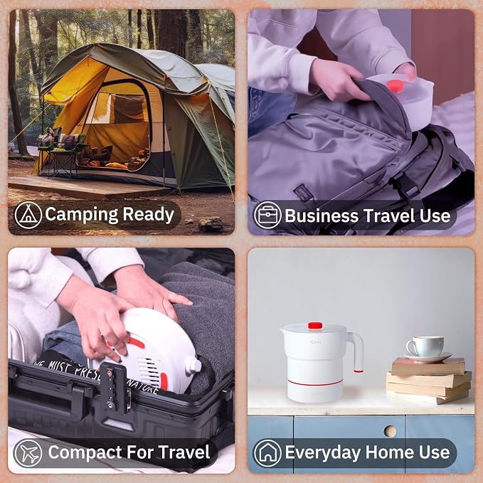 Foldable Travel Electric Kettle 1.8L 100-240V Auto Detect Dual Voltage 316L Stainless Steel Base Collapsible Portable Water Boiler Multi Cooker for Hotel Office Camping RV Dorm Steam Tray