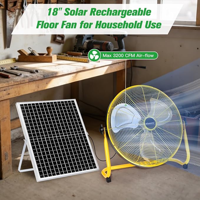 blessny 18" Large Solar Rechargeable Floor Fan with 35W Solar Panel for Home Outdoor Camping Gazebo Greenhouse Barn Poultry Pet House Cooling or Air Circulation, 23 Ft Long Cord