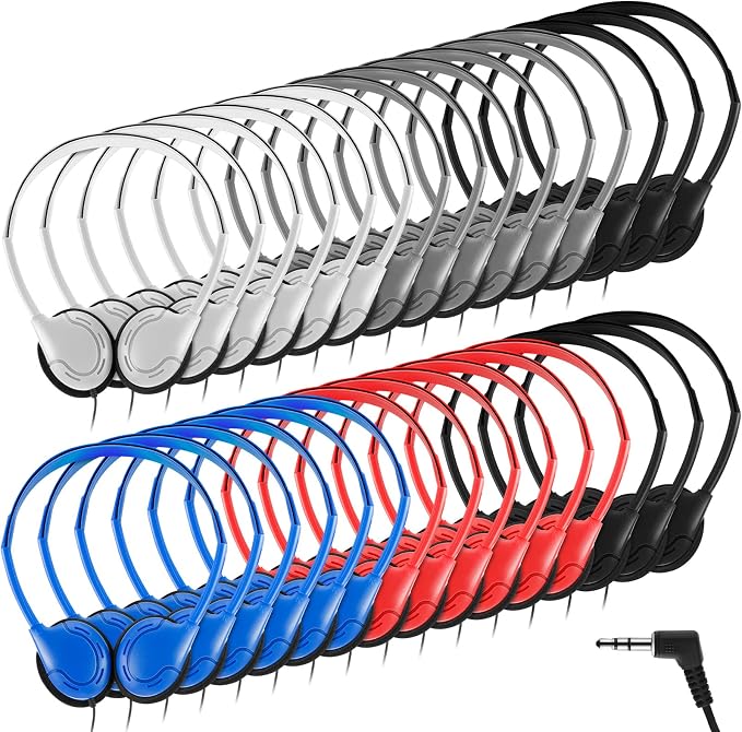 Yunsailing 30 Pack Bulk Over Ear Headphones Set On Ear Headsets Earphones with Adjustable Headband and 3.5mm Plug for Group Learning, Computer Lab, Library, Online Lesson (Retro Color)