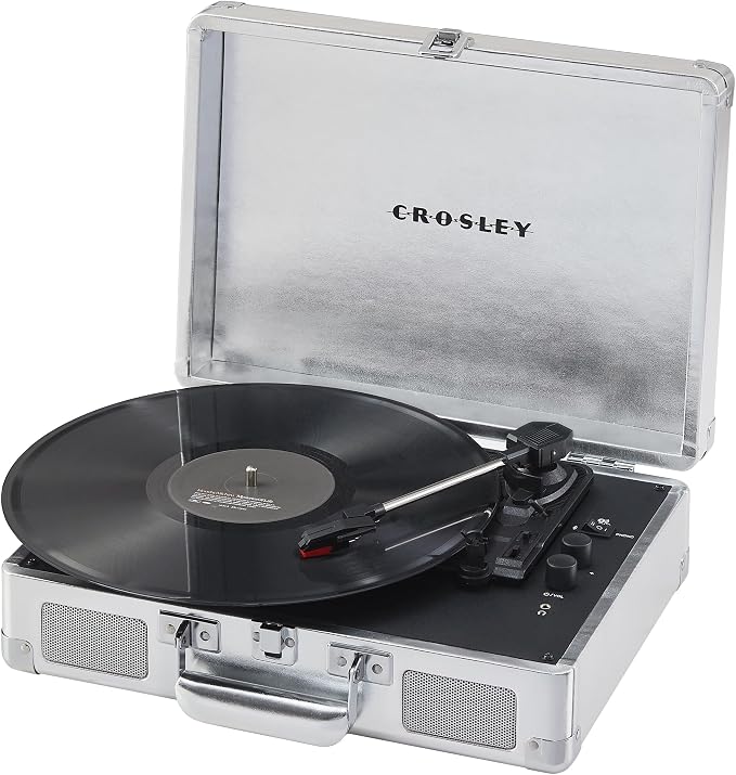Crosley CR8005F-SI Cruiser Plus Vintage 3-Speed Bluetooth in/Out Suitcase Vinyl Record Player Turntable with Built-in Speakers, Silver