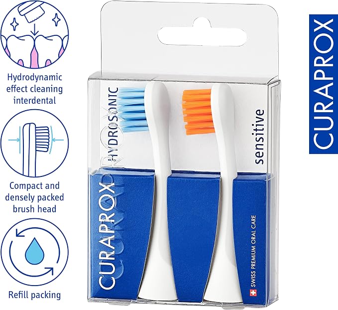 Curaprox Hydrosonic Brush Heads Rainbow Sensitive Duo – for Gentle Gum Care & Daily Cleaning | Blue/Orange, 2-Pack | Compatible with All Curaprox Sonic Models | Swiss Made