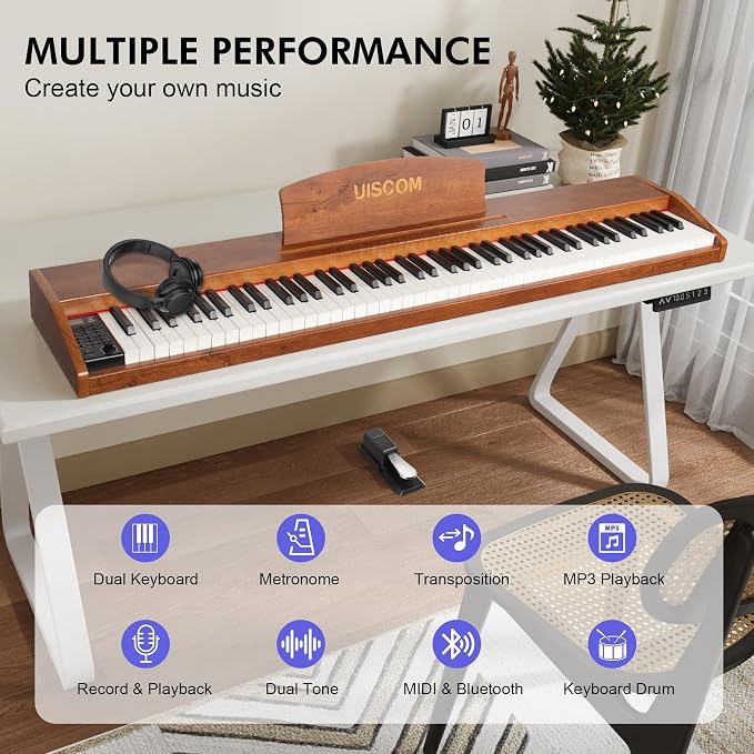 UISCOM 88 Key Digital Piano Keyboard for Beginners,Full Size Electric Piano Semi-Weighted Keyboard with Sheet Music Stand,Pedal,Headphone,Power Adapter,USB-MIDI Compatibility,Wood Grain Brown