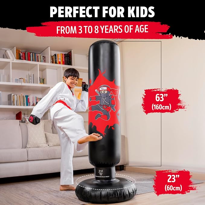 THB Punching Bag for Kids - Inflatable Punching Bag with Boxing Gloves for Kids Age 3-8, 63” Ninja Boxing Bag with Electric Air Pump to Practice Taekwondo, Karate, MMA, Bouncing Back