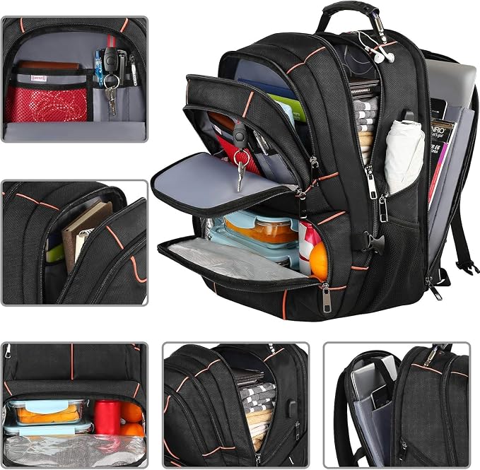 VECKUSON Lunch Bag Backpack, Insulated Cooler Lunch Box Backpack, Extra Large Travel 17.3 inch Laptop Backpack TSA Friendly RFID Computer Backpack for Women Men,Orange