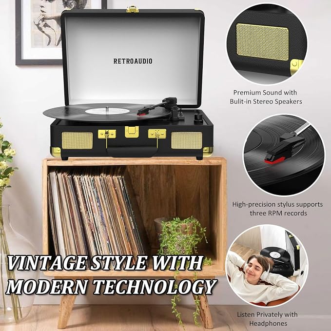 Vinyl Record Player 3-Speed Bluetooth Portable Suitcase Belt-Driven Record Player with 2 Built-in Stereo Speakers Vinyl Vintage Turntable Phonograph Records Player with RCA Line Out, AUX Out