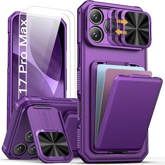SSLOTSCASE for iPhone 17 Pro Max Case with 2X Screen Protector, HD Clarity Anti-Scratch, Card Holder & Sliding Lens Cover & Kickstand, Heavy Duty Protection Case for iPhone 17 Pro Max, Dark Purple