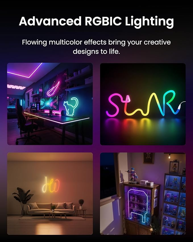 SwitchBot RGBIC Neon Rope Lights with Alexa, Matter-Certified Wire Rope Light, DIY Flexible Steel Core, Neon Lights for Wall & Bedroom, Works w Apple Home/Siri/Google, Music Sync, 16M Colors, 6.56ft
