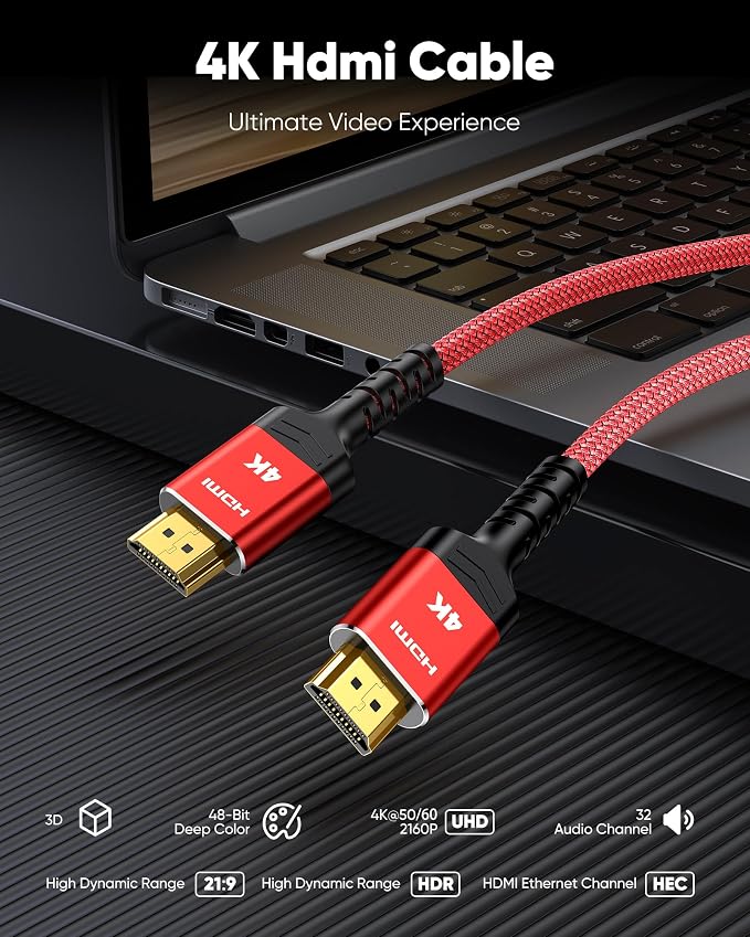 Highwings 4K HDMI 2.0 Cable 6.6FT/2m - 4K@60Hz HDR Braided HDMI Cord, 18Gbps High Speed with Ethernet/ARC, 3D, HDCP 2.2, ARC, Compatible for PS-5/4/3/4K HDTV/Monitor/Projector/Streaming Media