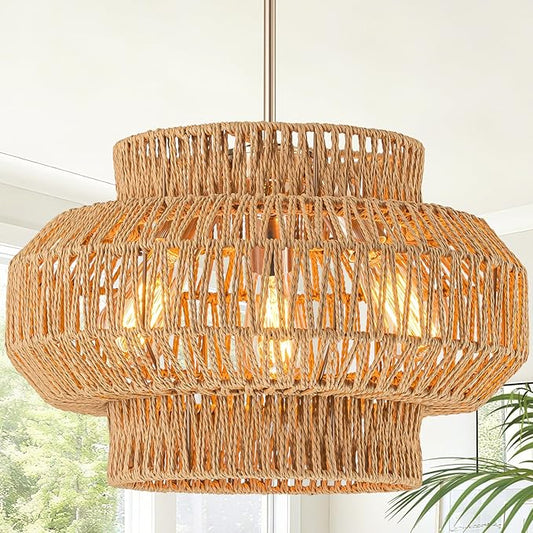 17.7'' Rattan Pendant Light,3-Light Boho Chandelier,Dinning Lighting Fixture Hand Woven Shade Boho Hanging Light Wicker Chandelier for Bedroom Kitchen Island Farmhouse Living Room Light Fixture