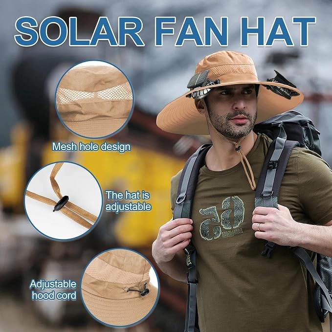 Solar Fan Hat for Men - Wide Brim Cooling Hat with 2 Built-in Solar & USB Rechargeable Fans for Fishing Hiking